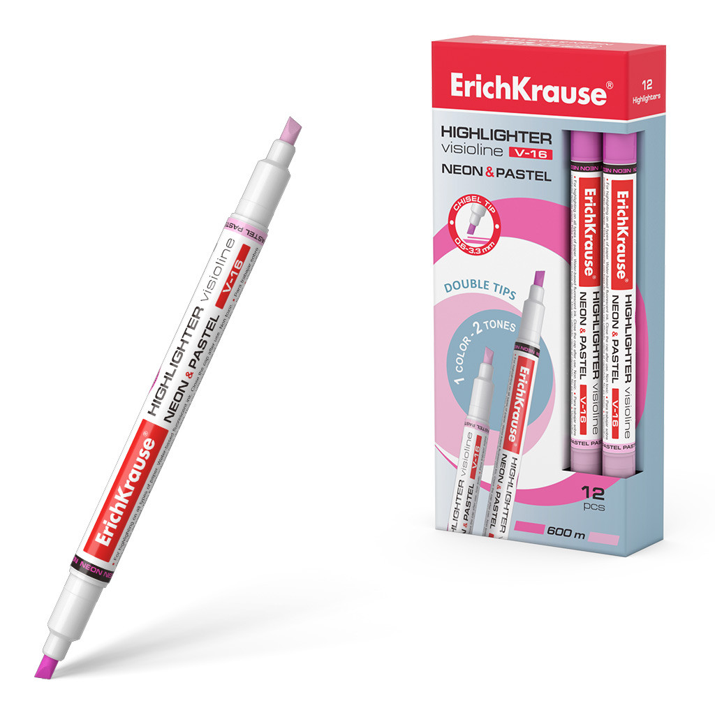 56017 Двухсторонний текстмаркер ErichKrause Visioline V-16 Neon+Pastel, цвет чернил розовый (в коробке по 12 шт.) Цена 36+% в наличии 6 шт.jpg
