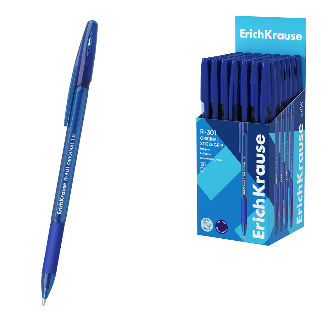 60972 Ручка шариковая ErichKrause R-301 Stick&Grip Original 1.0, цвет чернил синий (в коробке по 50 шт.) Цена 17,4+% в наличии 19 шт. МИНИМ. ЗАКАЗ - 5 ШТ.jpg