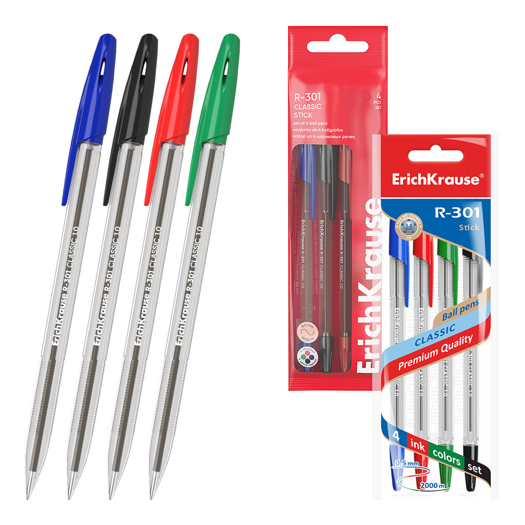 44593 Набор из 4 ручек шариковых ErichKrause R-301 Stick Classic 1.0, цвет чернил синий, черный, красный, зеленый (в пакете) цЕНА 67,4+% В Наличии 23 наборов