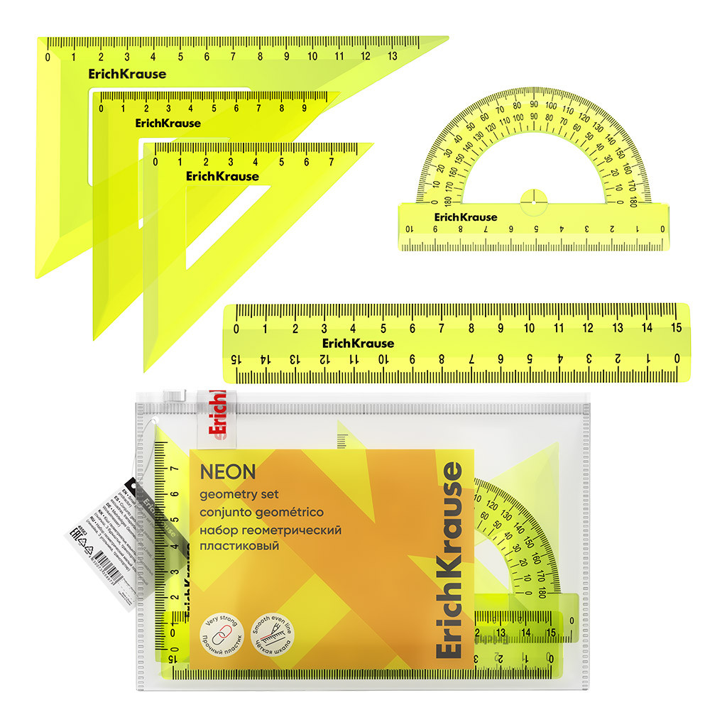 49563 Набор геометрический малый пластиковый ErichKrause Neon, (линейка, 3 угольника, транспортир), желтый (в пакете по 20 шт) Цена 132+% в наличии 15 шт.jpg