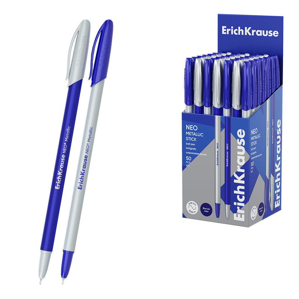 61009 Ручка шариковая ErichKrause Neo® Stick Metallic 0.7, 2 км, Super Glide Technology, цвет чернил синий (в коробке по 50 шт.) Цена 22+% в наличии 10 шт. Мин. заказ - 5 шт.jpg